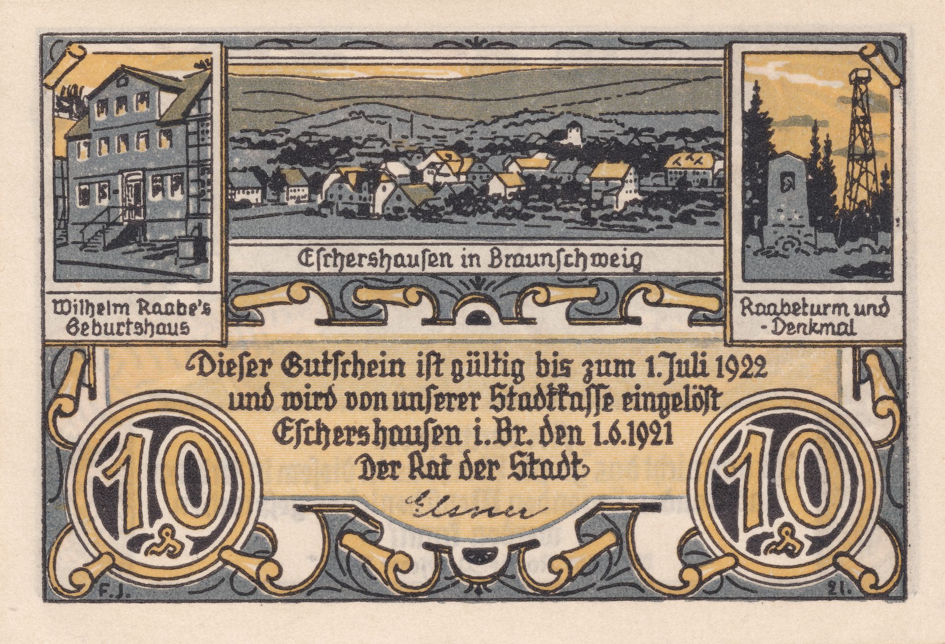 Frontseite des 10-Pfennig-Notgeldscheines der Stadt Eschershausen von 1921